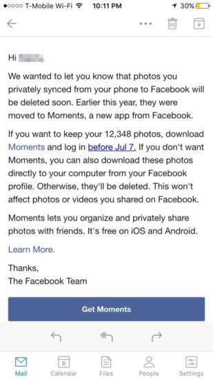 Facebook Email to Install Moments App